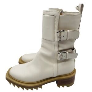 Tamara Mellon Perfecto Italian Leather Buckle Moto Boots Chunky Cream‎ 36.5/6.5